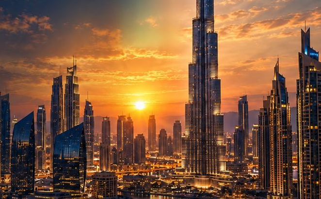 Dubai skyline and the Burj Khalifa at sunset
