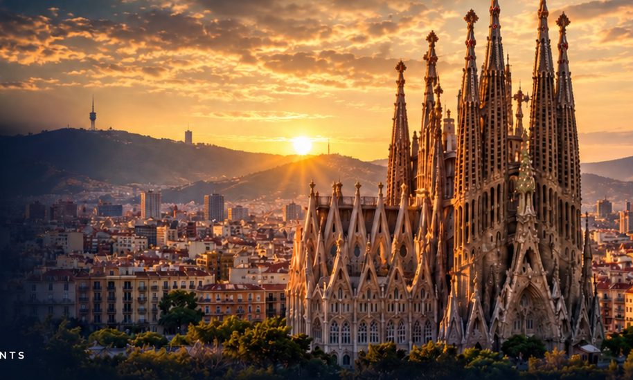 Barcelona skyline with the Sagrada Família at sunset