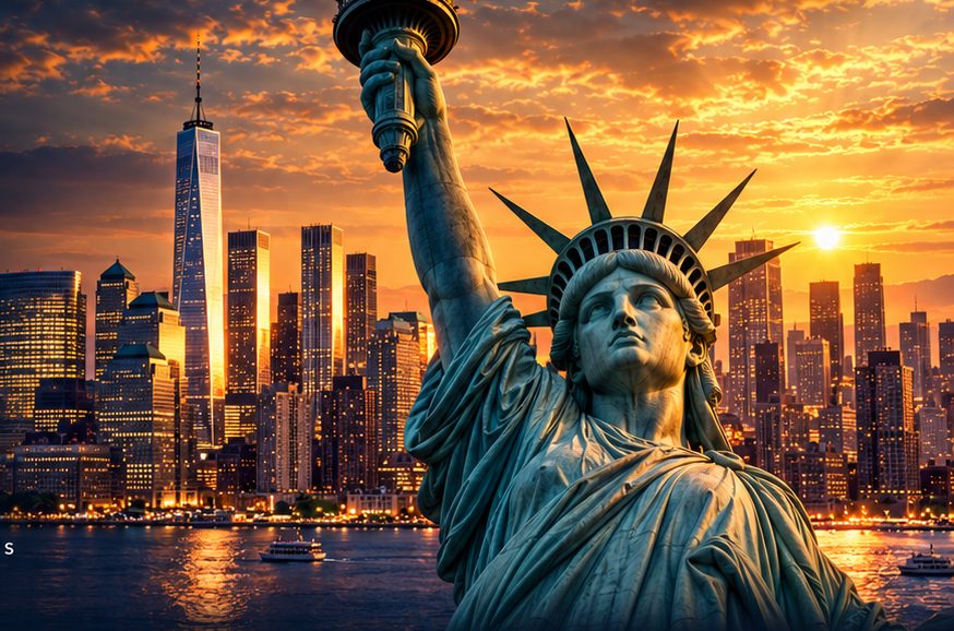 New York skyline and the Statue of Liberty at sunset
